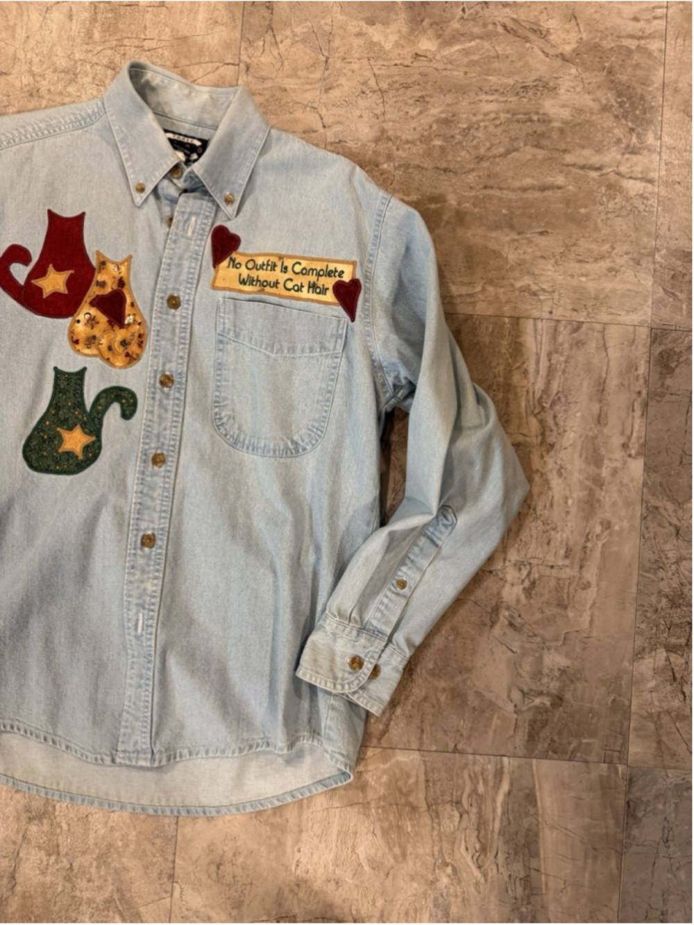 VTG 90s Three Rivers Cat Chambray Quilted Cat Patches button down shirt sz S
